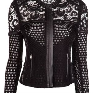 💋DESIGNER Iro Lewis💋. Black Leather and Lace Crochet Jacket Size XS Blazer